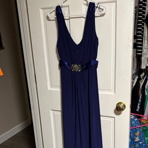 Scarlett Nite Navy Blue Plunge V-Neck Maxi Dress with Satin Waistband